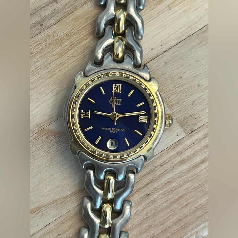 VGII Ladies Watch Two Tone Weave Bracelet and Case Blue Dial Date Window